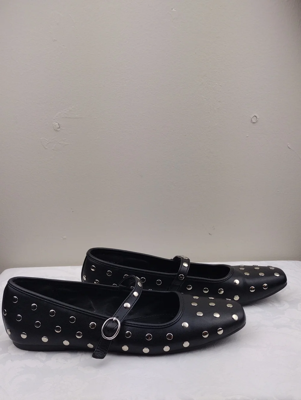 Madden Girl Polly Black PU Silver Studded Upper Square Toe Flat Mary Jane Shoe